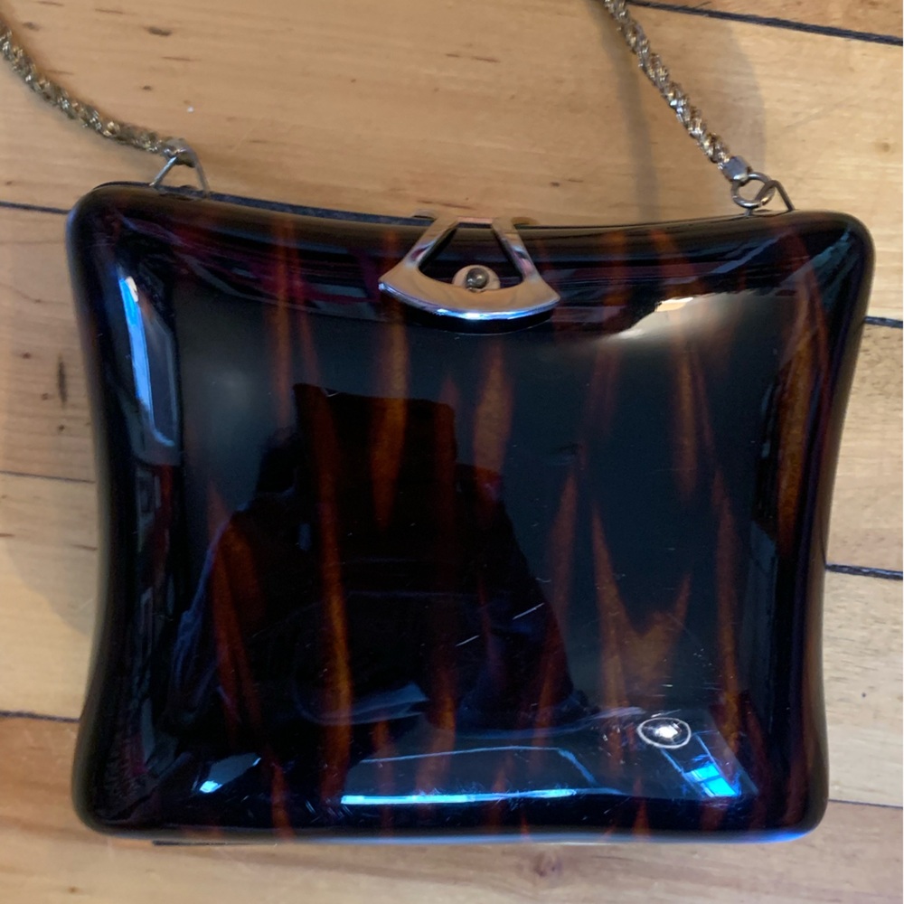 Vintage Lucite Tortoiseshell Hardcase Purse with metallic gold hardware